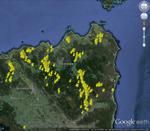 Google Earth image showing all NE Tasmania gold occurrences