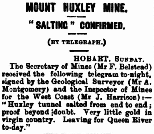 Gold fraud: Mount Huxley Mine, Salting confirmed.